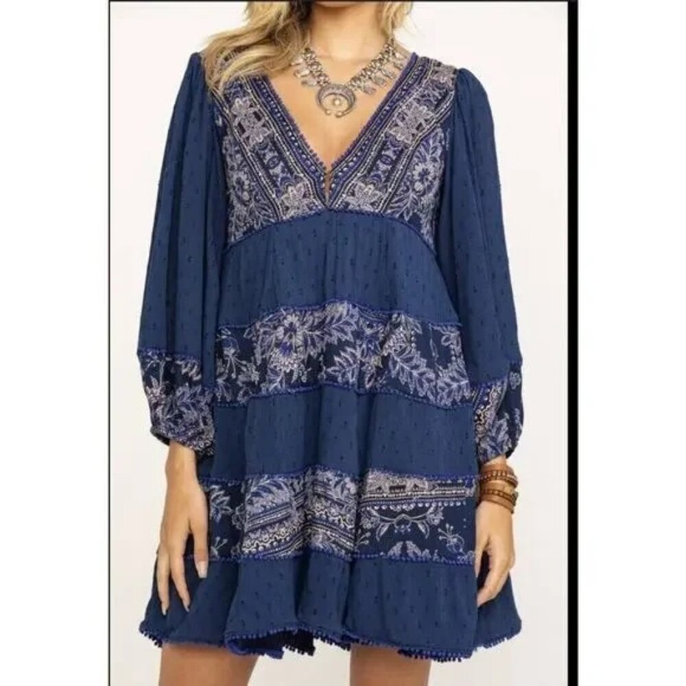 Boho-Style Deep Blue V-Neck Tiered Mini Dress - Picture 2 of 16